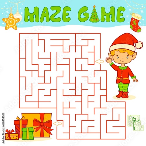 Christmas Maze puzzle game for children. Maze or labyrinth game with Christmas boy elf.