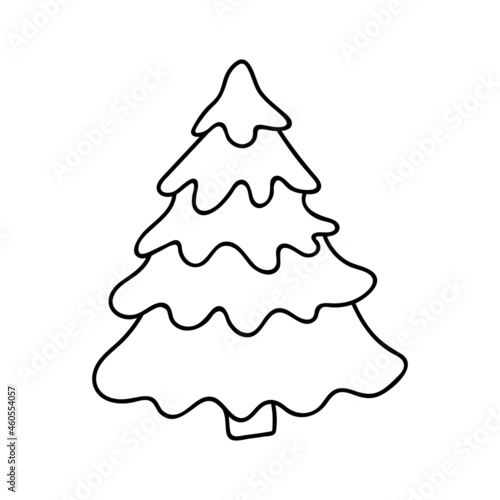 Single hand drawn Christmas tree. Vector illustration in doodles style. Isolated on white background.