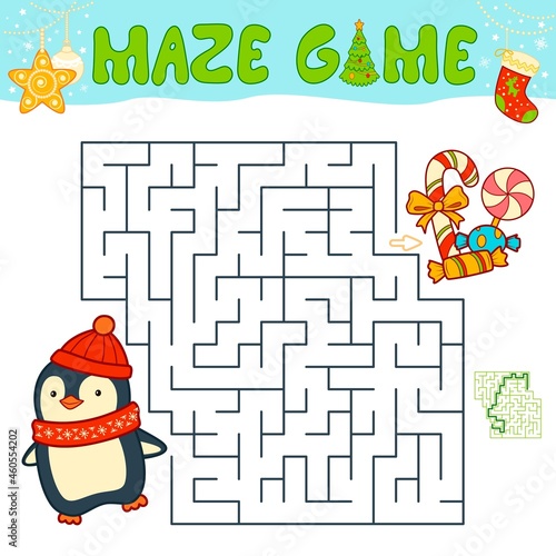 Christmas Maze puzzle game for children. Maze or labyrinth game with Christmas penguin.