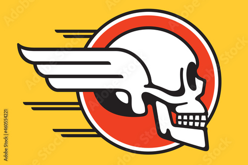 Flying skull circular badge design with wings and speed lines. Vector illustration of human skull with wings in profile view symbolizing speed and movement.