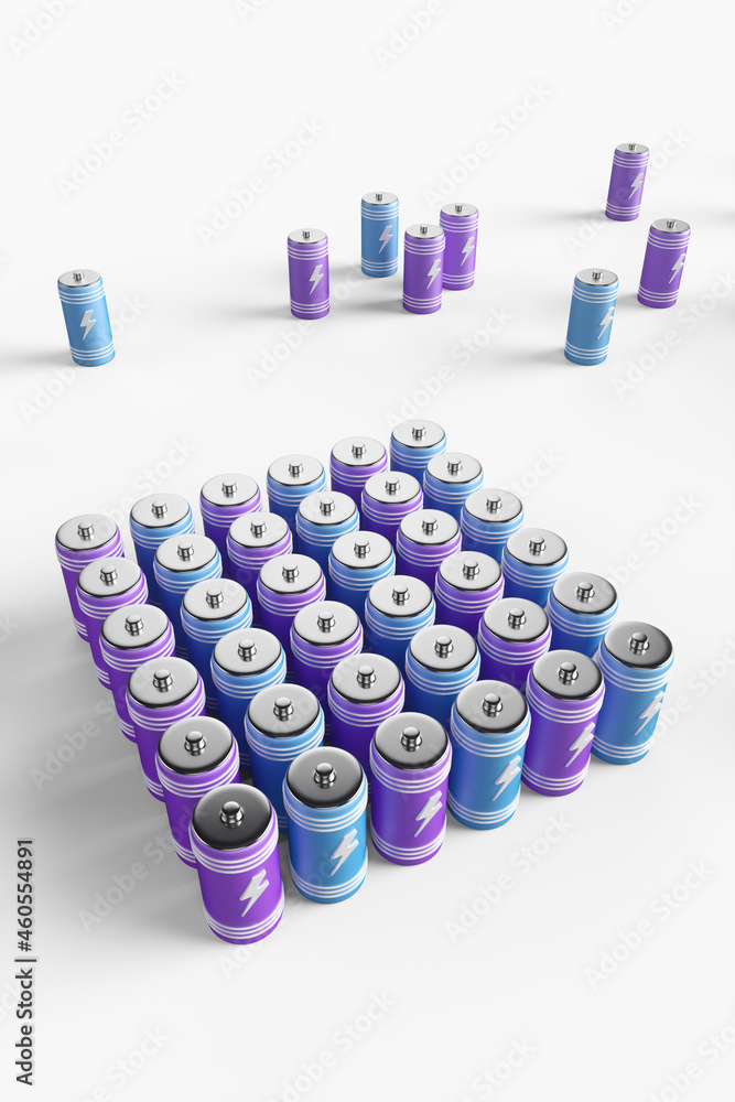 Large group of batteries on a white background. 3d render illustration. Large group of batteries on a white background. 3d render illustration.