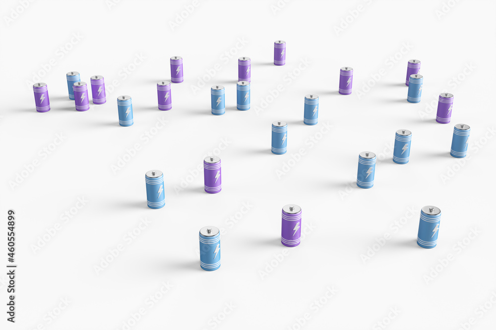 Obraz premium Large group of batteries on a white background. 3d render illustration.