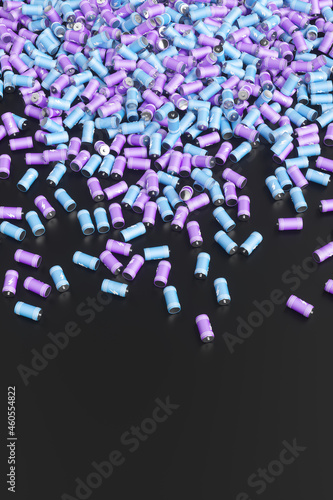 Large group of batteries on a black background. 3d render illustration.