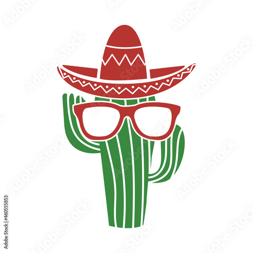 Cool cactus mascot with sombrero hat and glasses on white background cartoon vector illustration