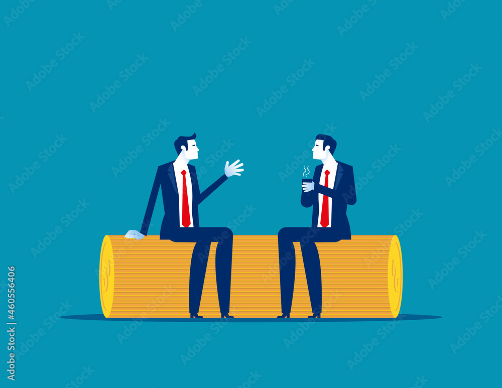 The person are sitting on a coin and talking. Flat business cartoon style The person are sitting on a coin and talking. Flat business cartoon style