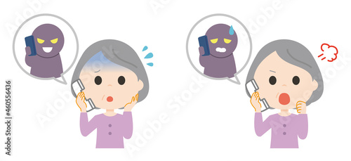 An old woman talking on the phone.