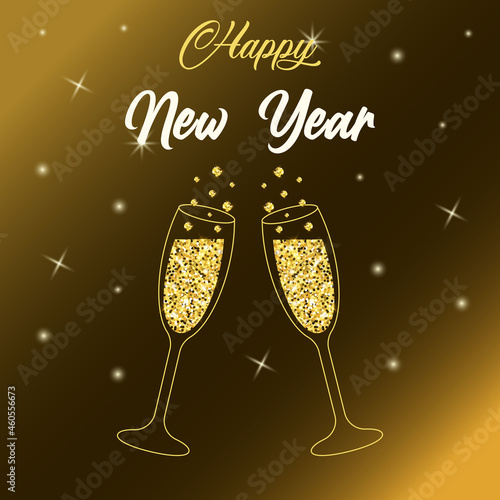 Two sparkling glasses of champagne with gold glitter. Happy New Year lettering. Colorful background with star light.