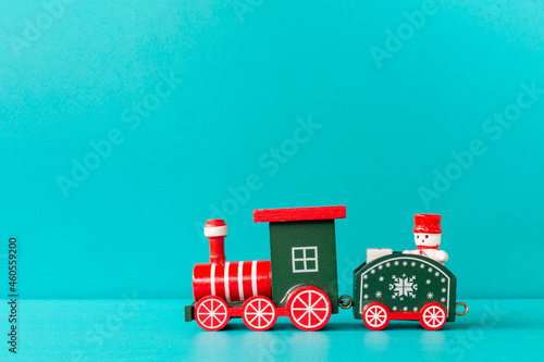Children s Christmas train on a blue background  Merry Christmas Concept 