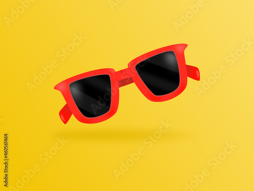 Concept objects travel. red sunglasses placed on a yellow background. Illustration 3D for content Sun protection equipment, travel accessories, relax holiday 