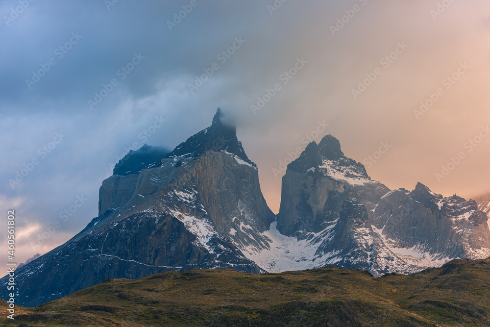 Naklejka premium The Torres del Paine National Park sunset view. Torres del Paine is a national park encompassing mountains, glaciers, lakes, and rivers in southern Patagonia, Chile.