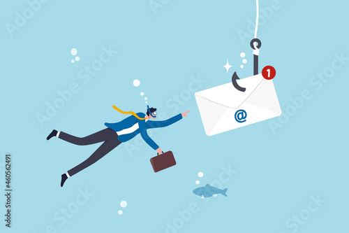 Phishing email, fraud or scam mail offer fake login or password form to steal personal information, online crime concept, greedy businessman diving underwater to catch email envelope with fishing hook