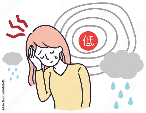 低気圧　頭痛　女性　シンプルイラスト