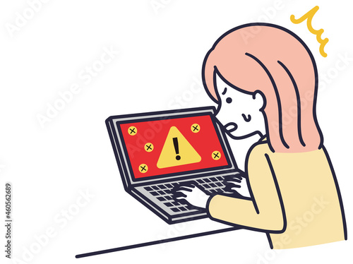 パソコンがウイルスに感染している女性　シンプルイラスト