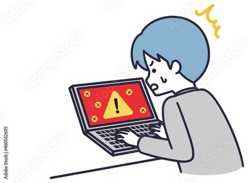 パソコンがウイルスに感染している男性　シンプルイラスト