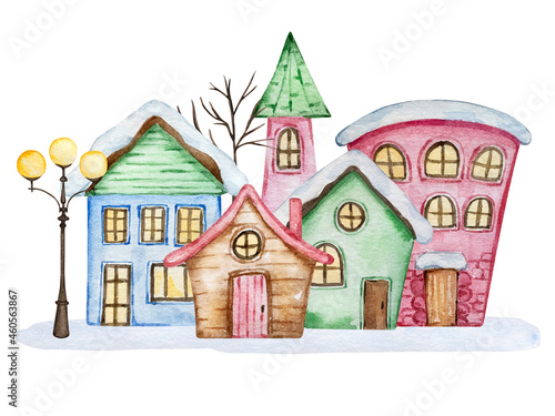 Watercolor christmas illustration with house and lanterns