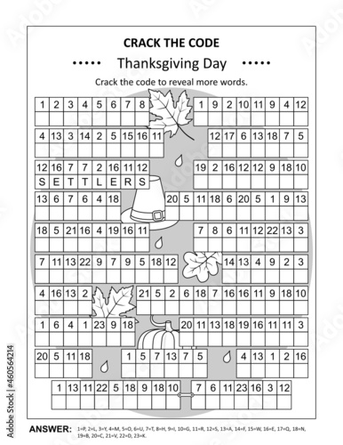 Thanksgiving Day crack the code word game, or codebreaker word puzzle (US version). Answer included.
