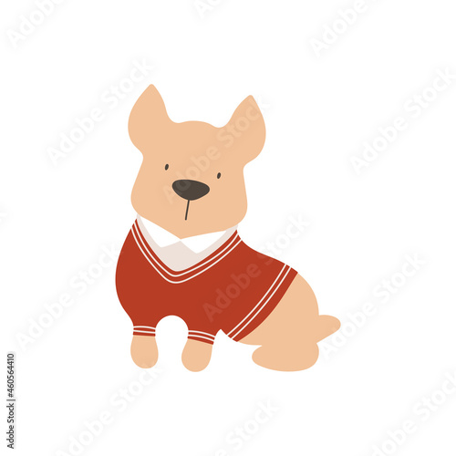 Dog in sweater. Preppy bulldog in red clothes and shirt. Elegant and intelligent domestic pet. Funny animal, vector illustration. Warm jumper with stripe.
