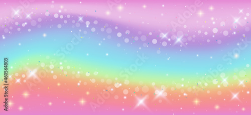 Rainbow fantasy background. Holographic illustration in pastel colors. Cute cartoon girly background. Bright multicolored sky with stars and bokeh. Vector.