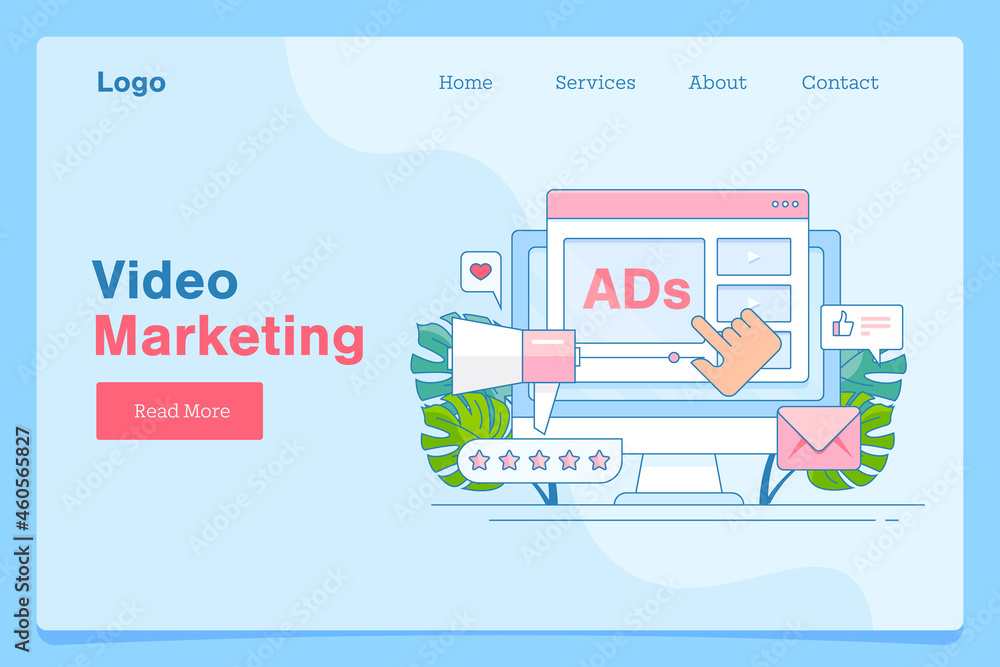 Video marketing, social media video advertising, hand clicking on video ads, interactive video, conversion concept. Filled outline style vector illustration, web banner template. 