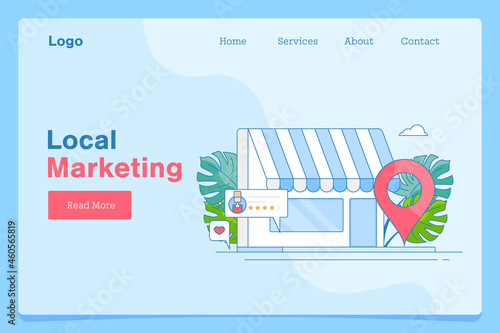 Small business local shop digital marketing, seo optimization, search engine map listing, finding local shop near concept. Outline style web banner template.