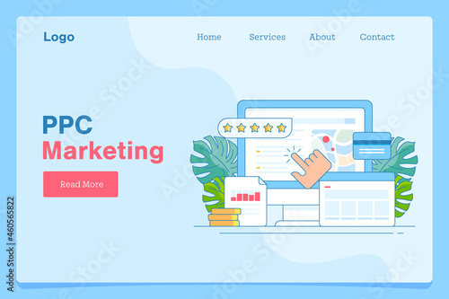 PPC marketing campaign, website traffic growth, hand clicking ads on search engine page, money spending on digital advertising credit card concept. Outline style vector illustration, web banner.
