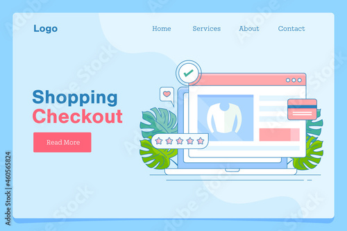 Online ecommerce shopping checkout from laptop. with credit card. Order online, purchasing from web store, business internet concept. Flat design filled outline style vector illustration, web banner.