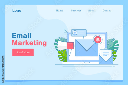 Email marketing, email message content, online communication technology, business internet, message notification concept. Outline style web banner template.