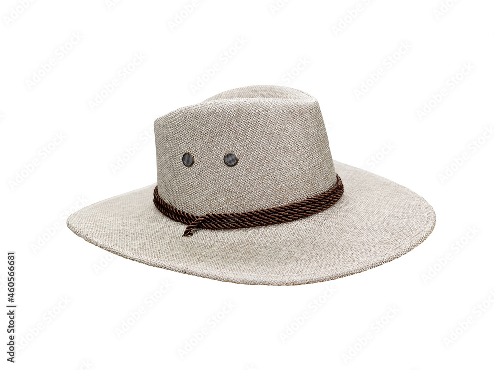 straw hat with brown rope on white background isolated straw hat with brown rope on white background isolated