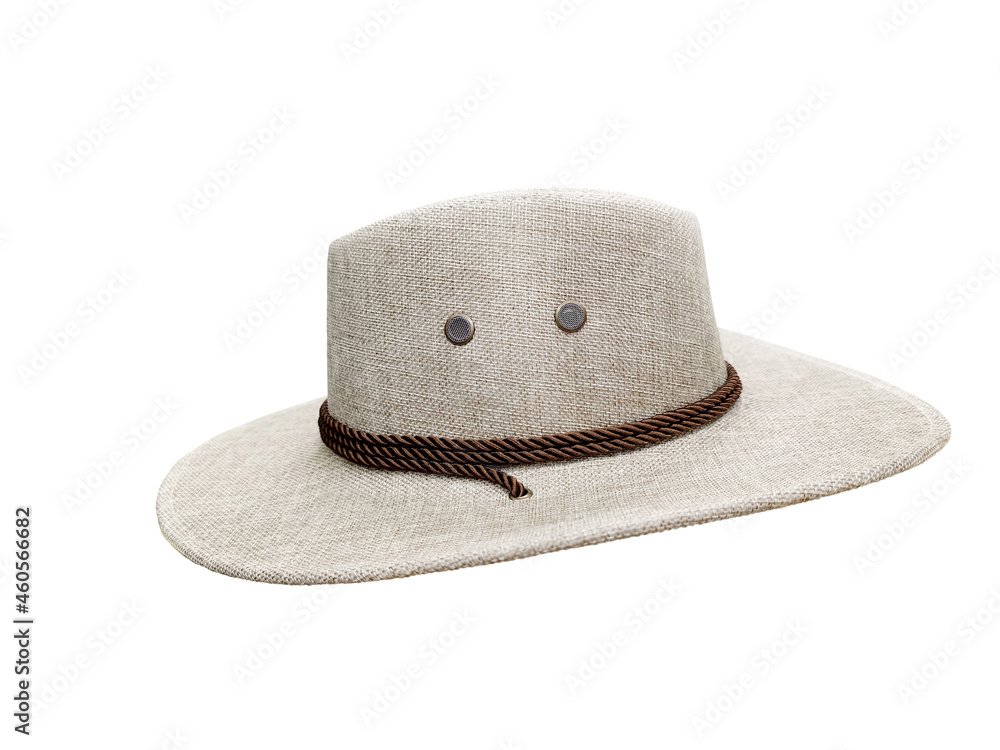 straw hat with brown rope on white background isolated