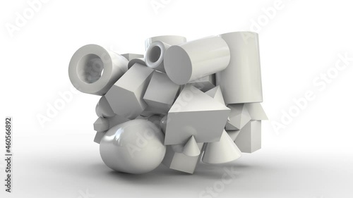 Loop 3d animation of an abstract array of geometric shapes periodically turning into spheres. Abstract geometric 3d background, a set of primitives, the idea of diversity and unity.