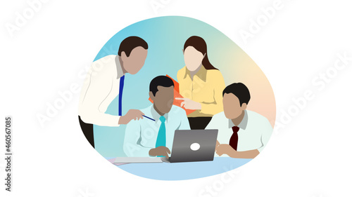 Flat design. Business coworkers discussing new ideas over laptop.