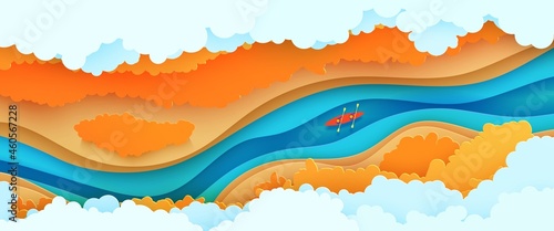 Top view cloudy landscape in paper cut style. Eco tourism 3d background with aerial view river autumn trees and kayak boat. Vector card illustration of extreme rafting sport papercut art.
