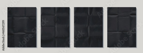 Set of crumpled black paper texture. Abstract dark backgrounds collection with wrinkled cardboard texture. Vector illustration of a realistic origami page card folded and then unfolded sheet of paper.