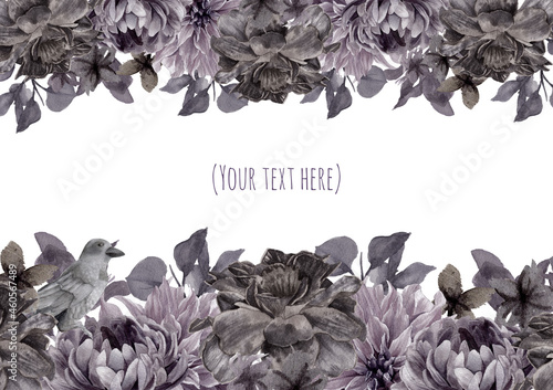 Dark, Black flowers Watercolor Frames, Wedding, Invitation, Halloween