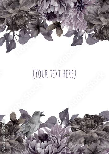 Dark, Black flowers Watercolor Frames, Wedding, Invitation, Halloween
