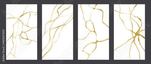 Vector set of Kintsugi, broken ceramic repair motif random gold lines design background photo