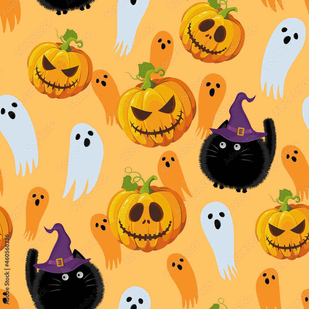 Halloween seamless pattern on red pink background. Funny fat cat, ghost and pumpkin halloween pattern background. Halloween theme design vector illustration Halloween seamless pattern on red pink background. Funny fat cat, ghost and pumpkin halloween pattern background. Halloween theme design vector illustration