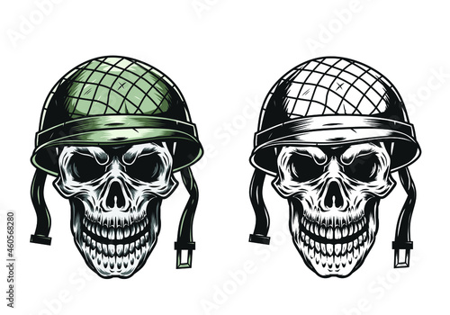 Soldier Skull With Military Helmet ,Vintage style