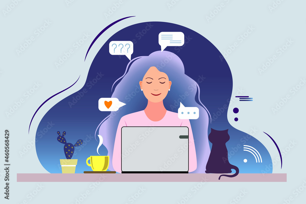 woman working on laptop at home. Work from home on a computer, freelance. Communication on social networks. A cup of tea, a cactus, a potted plant, a cat. Vector illustration in flat style woman working on laptop at home. Work from home on a computer, freelance. Communication on social networks. A cup of tea, a cactus, a potted plant, a cat. Vector illustration in flat style