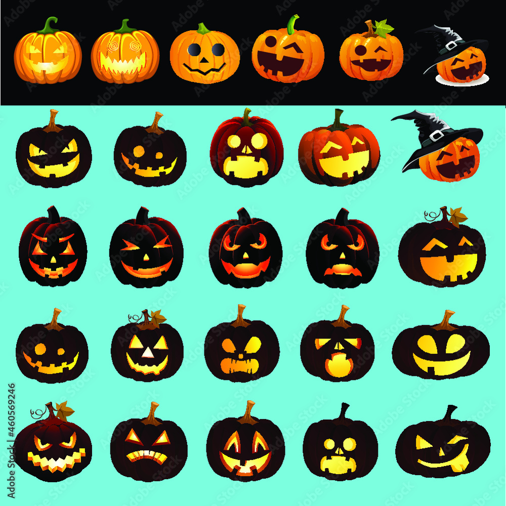 Halloween pumpkin vector 26 icons set, Emotion Variation. Simple flat style design elements. Set of silhouette spooky horror images of pumpkins. Scary Jack-o-lantern facial expressions Illustration. Halloween pumpkin vector 26 icons set, Emotion Variation. Simple flat style design elements. Set of silhouette spooky horror images of pumpkins. Scary Jack-o-lantern facial expressions Illustration.