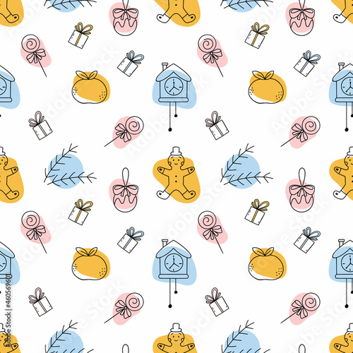 Cute seamless pattern doodle style. New Year and Christmas. Background for printing on fabric.