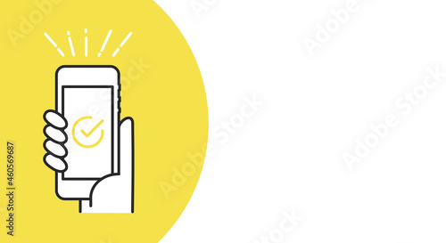 スマホとチェックマークのイラスト、コピースペース、ベクター