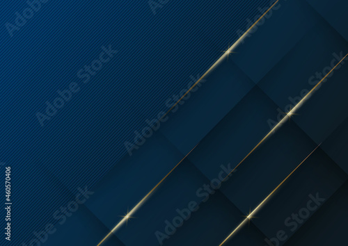 Abstract luxury shiny dark blue background with lines golden glowing.