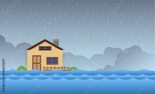 Flood natural disaster with house, heavy rain and storm , damage with home, clouds and rain, flooding water in city.