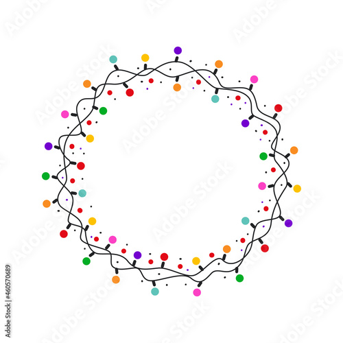 Christmas round frame with colorful glowing bulbs isolated on white background. Modern festive hand drawn frame. Vector illustration