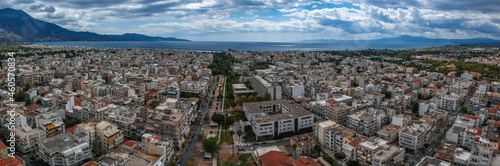 Beautiful panorama view over the center of Kalamata city, Greece. Aerial photography over Messenia, Greece, Europe