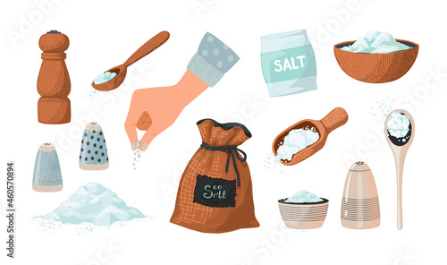 Salt set sketch. Hand drawn salty seasoning in spoons and bowls. Glass bottles and wooden mills with sea crystals. Spice powder piles. Cooking ingredient collection. Vector condiment