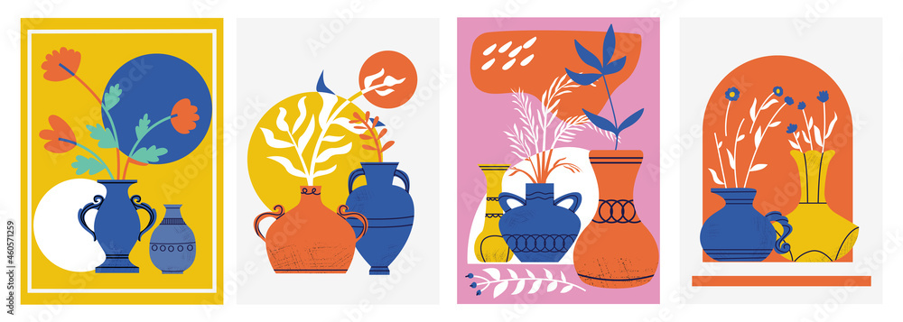 Trendy vase poster. Hand drawn contemporary banners with doodle shapes and pitchers with flowers. Ancient pottery. Interior decoration. Minimal still-life collection. Vector cards set