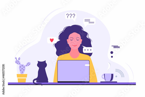 young woman working on laptop at home. Work from home on a computer, freelance. Communication on social networks. A cup of tea, a cactus, a potted plant, cat. Vector illustration in flat style