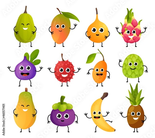 Exotic fruit characters. Cute food mascots. Cartoon mango or banana with hands legs and funny emotion faces. Pineapple and pitaya emoticons mockup. Vector children menu decorations set